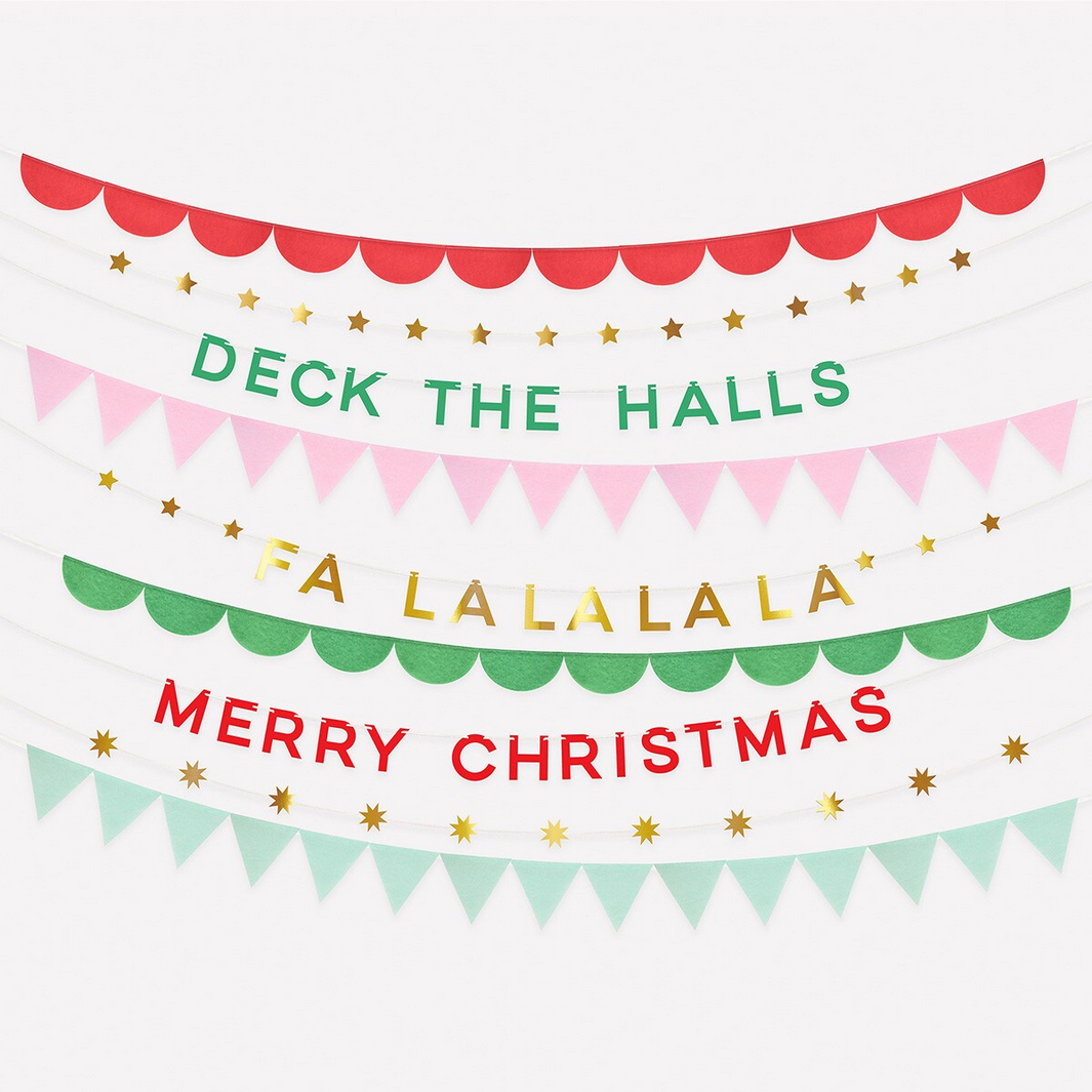 Christmas-themed decorative text with colorful flags on a white background