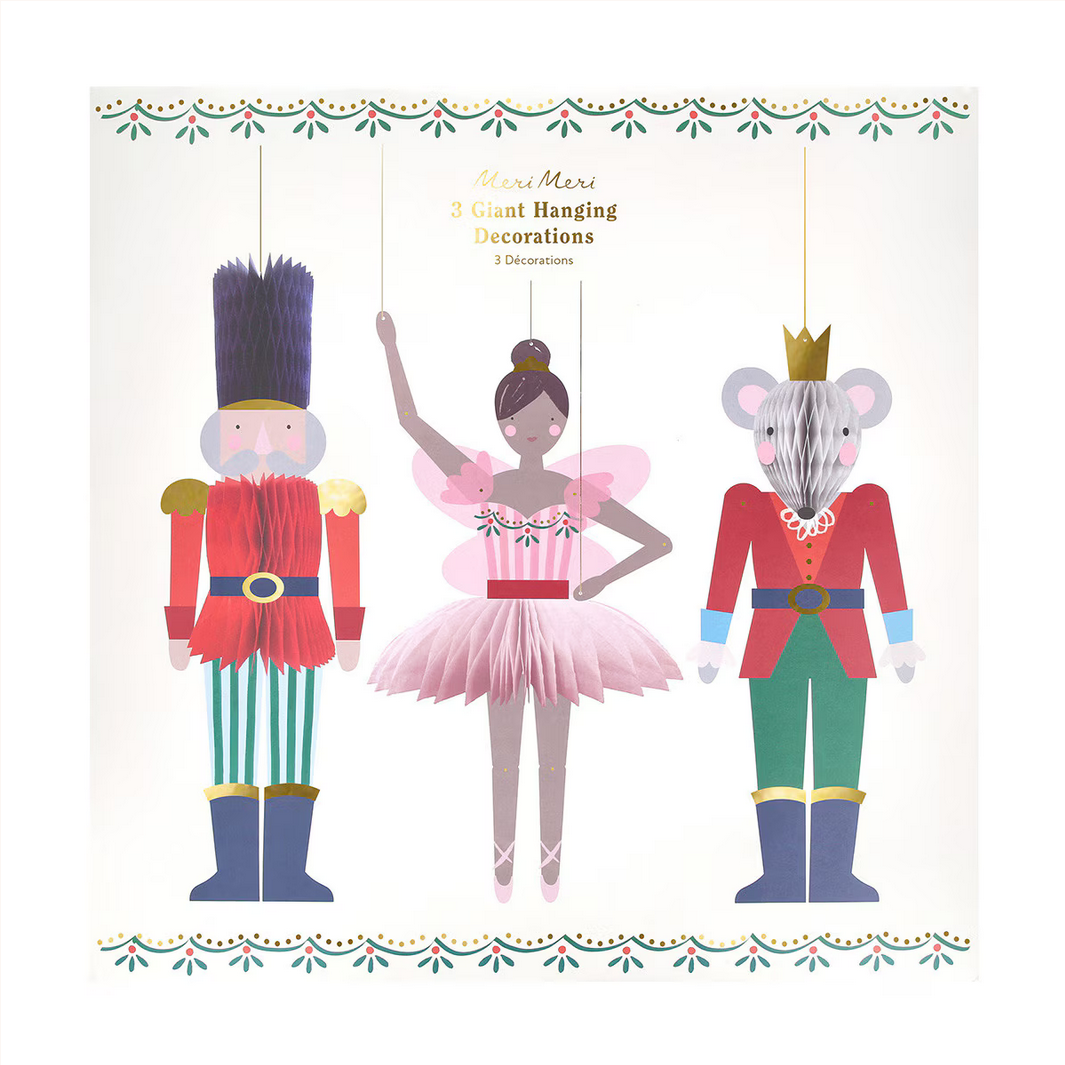 Set of three hanging decorations inspired by 'The Nutcracker' with a nutcracker, ballerina, and mouse king.