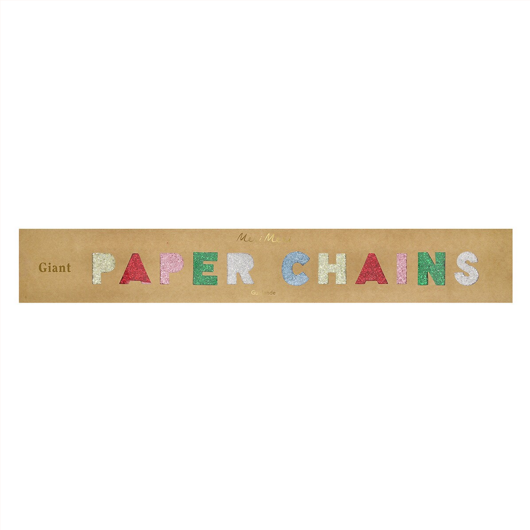 Kraft paper banner with colorful text 'Giant Paper Chains' on a white background