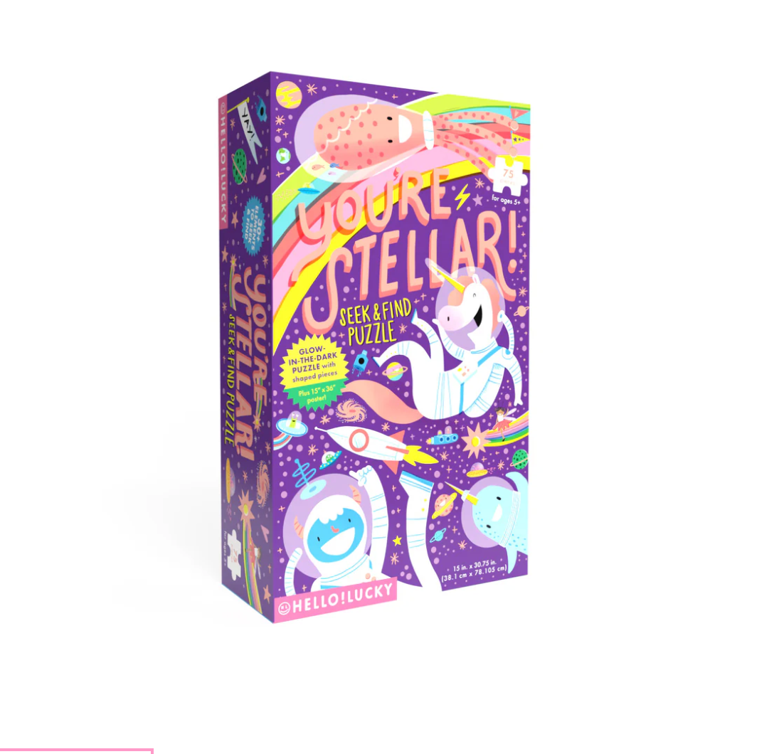 Colorful packaging of a 'You're Stellar!' peek & find puzzle with cartoon characters on a white background.