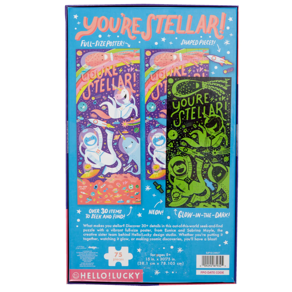 Puzzle packaging with colorful illustrations and text on a white background