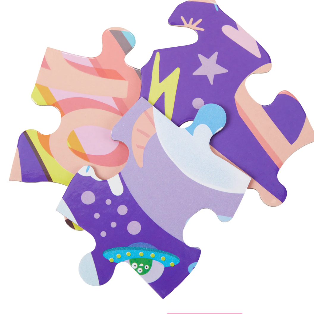 Colorful puzzle pieces with abstract designs on a white background