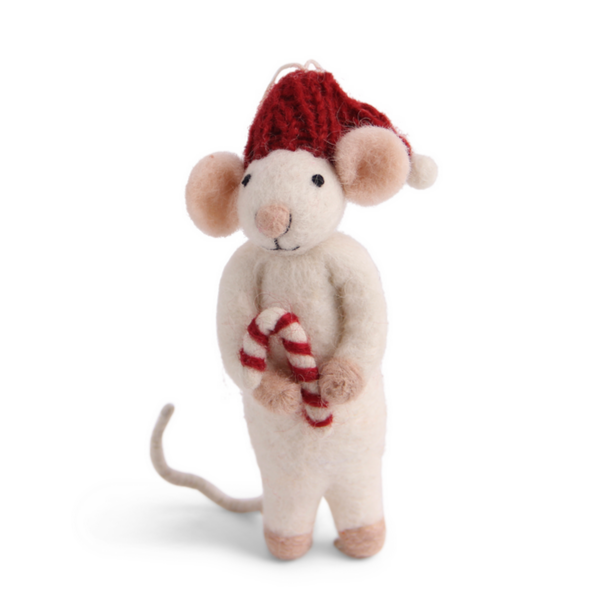 Stuffed mouse toy with a red hat and candy cane on a white background