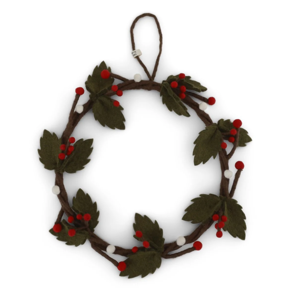 Decorative wreath with green leaves and red berries on a white background