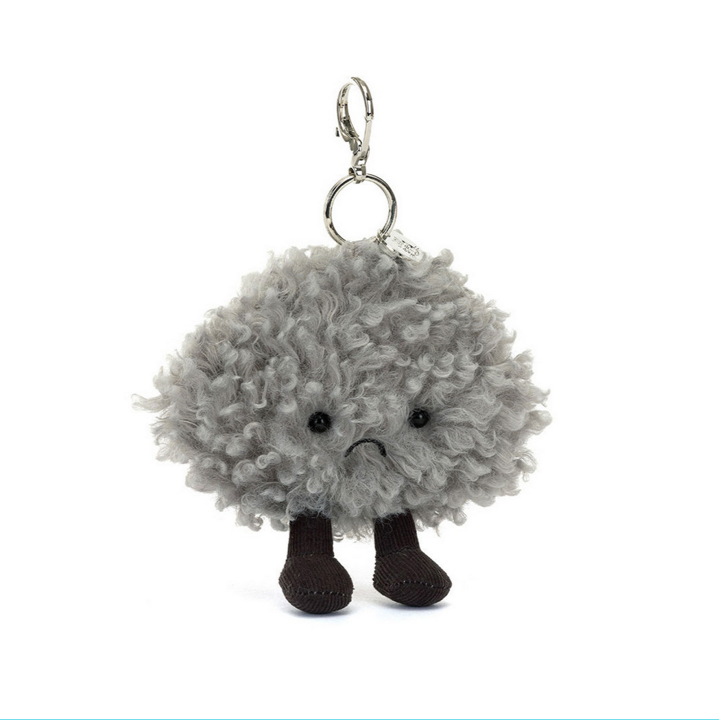 Plush keychain with a sad face on a white background