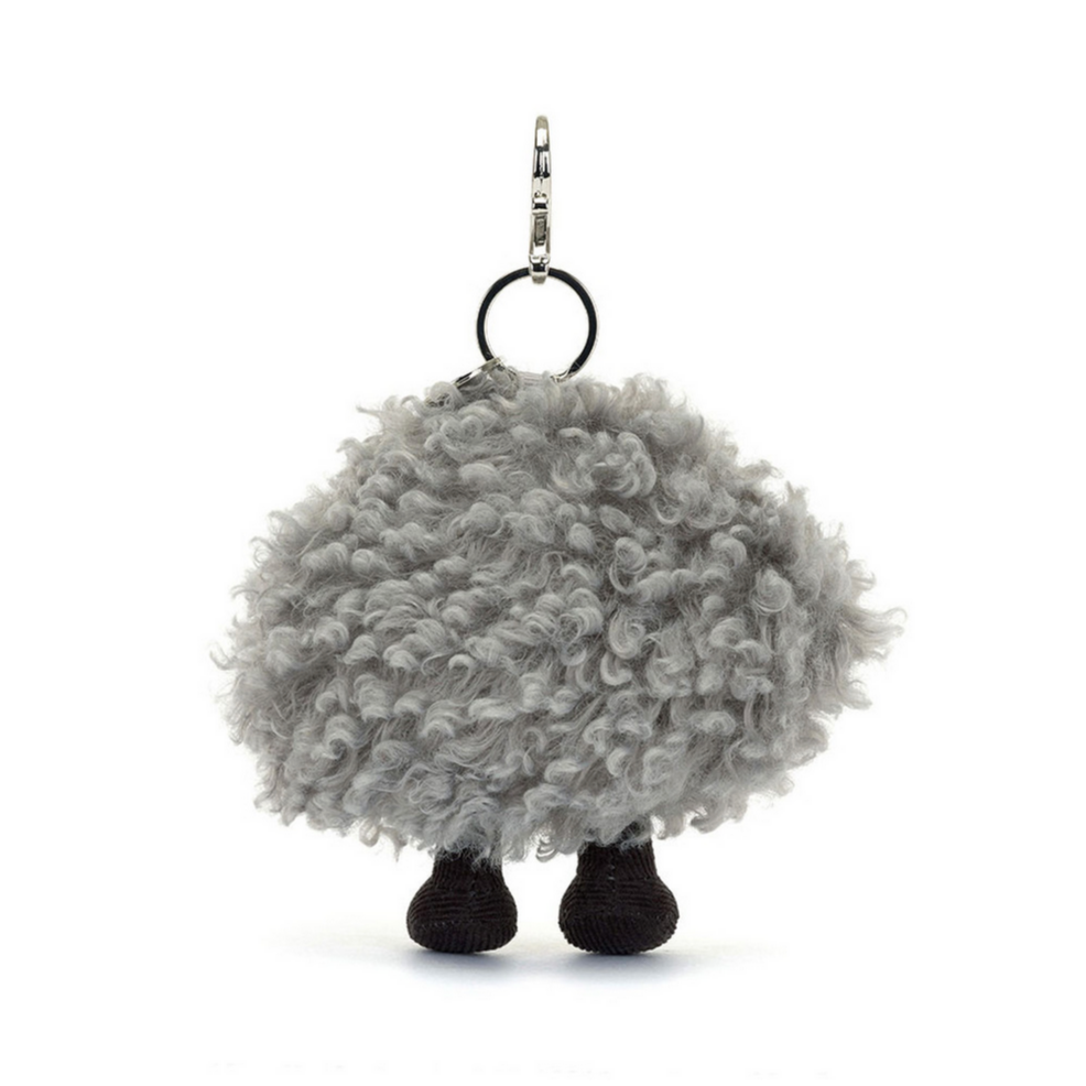 Gray fluffy keychain sheep on a white background