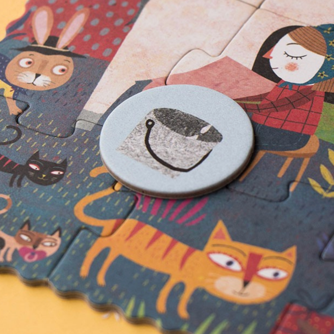 Children's puzzle with cartoon characters and a round piece missing