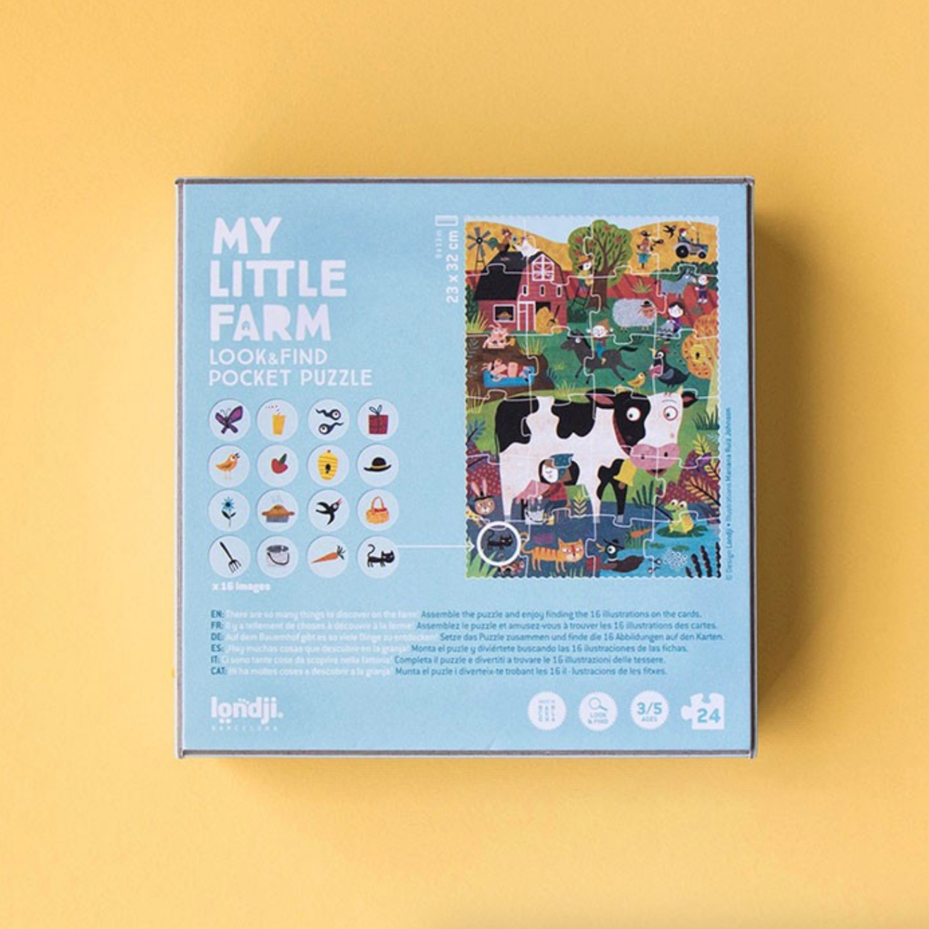 Puzzle box titled 'My Little Farm' on a yellow background