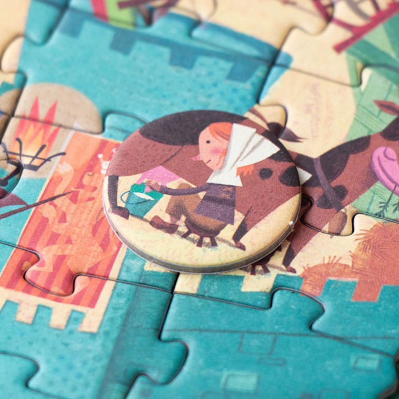 Jigsaw puzzle with a completed section featuring a character and horse.