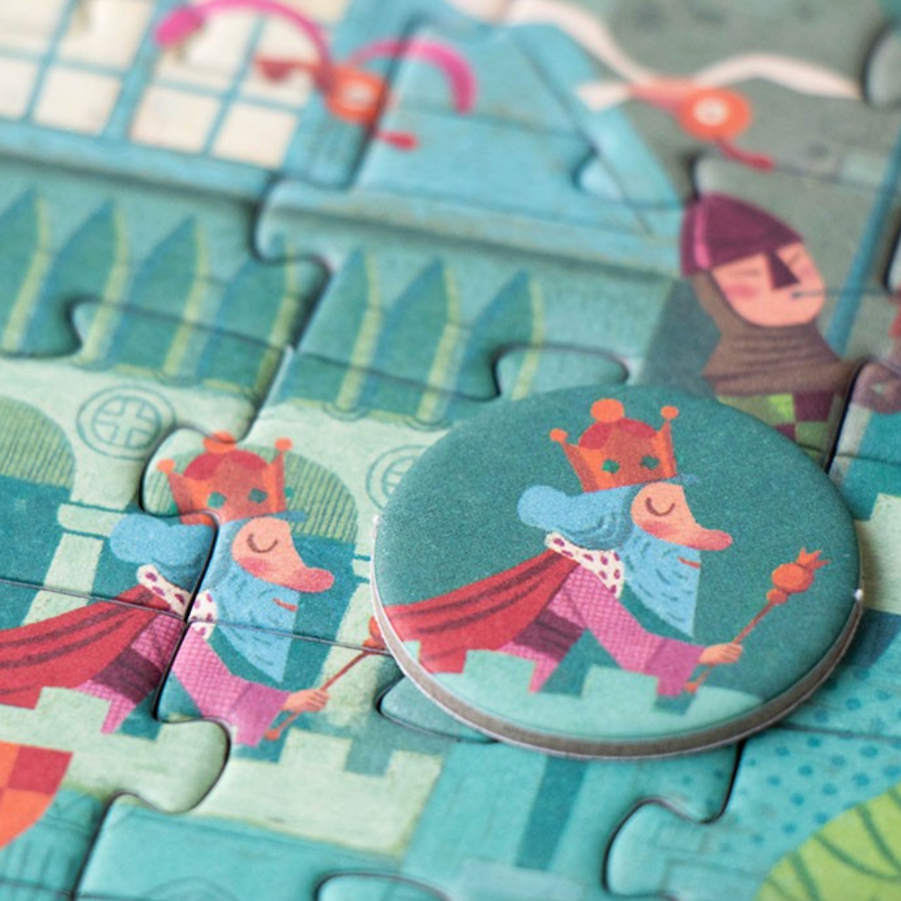 Children's puzzle with cartoon characters on a blue background