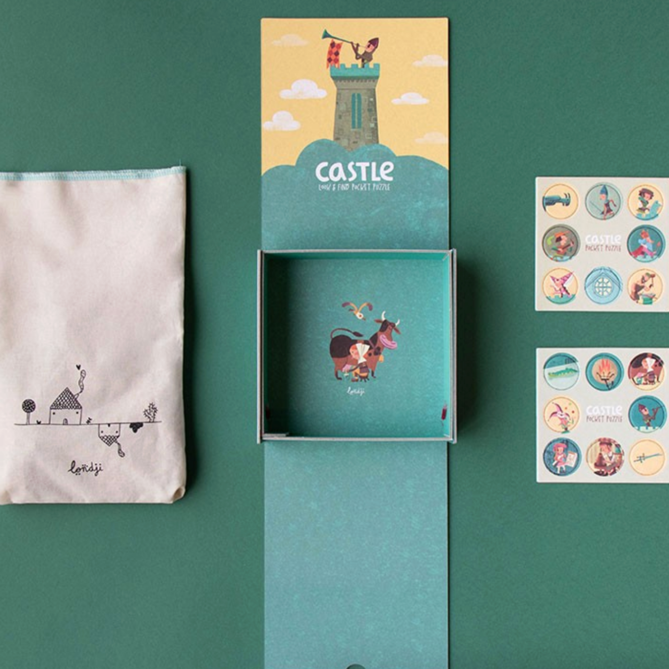Product set with a pouch, box, and stickers on a green background