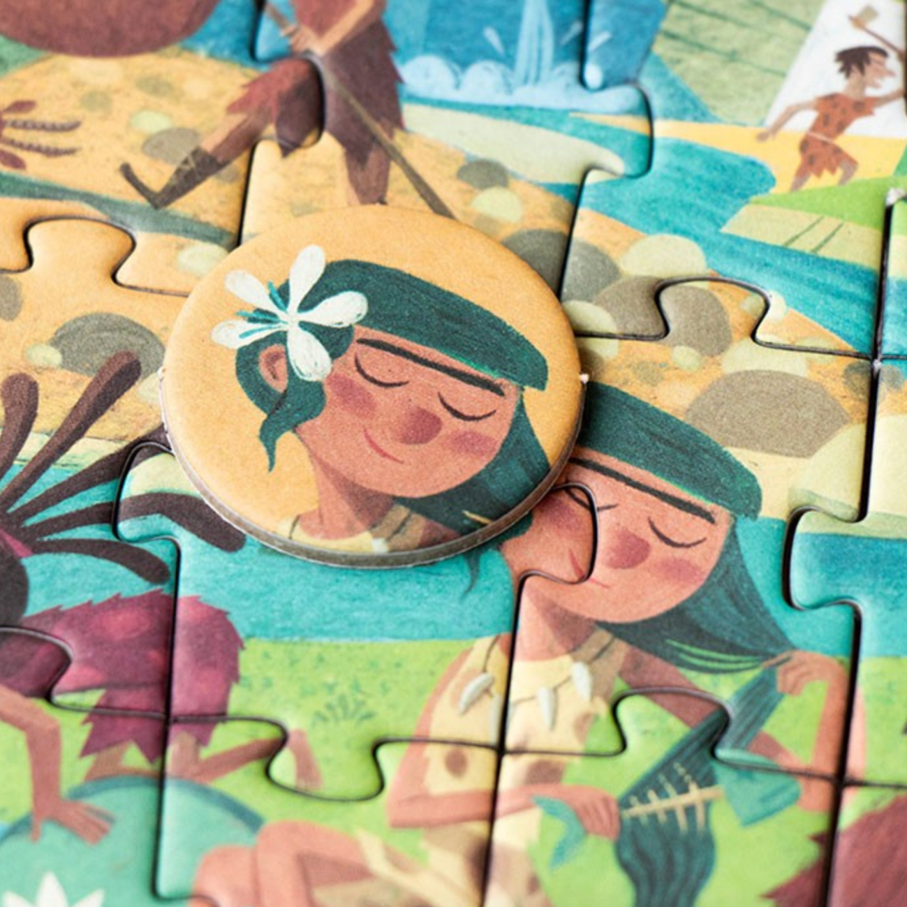 Colorful puzzle with a cartoon character and nature elements