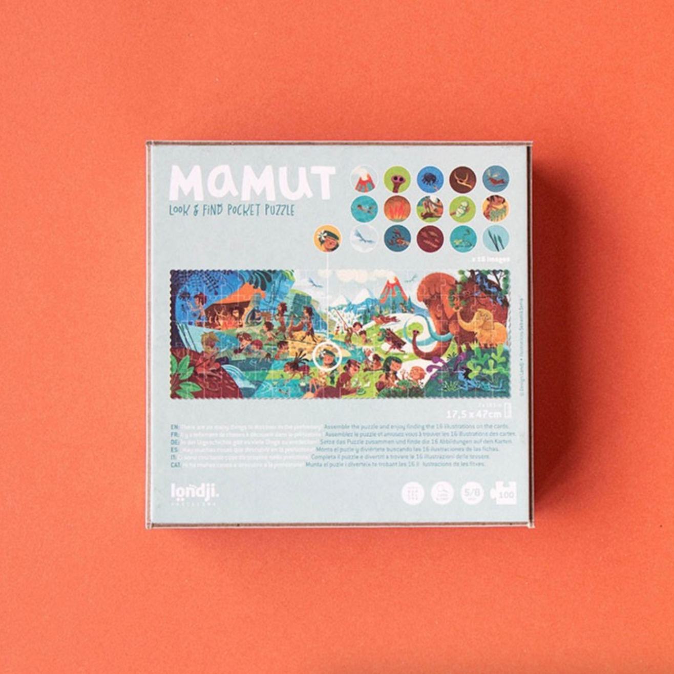 Mamut puzzle box on an orange background