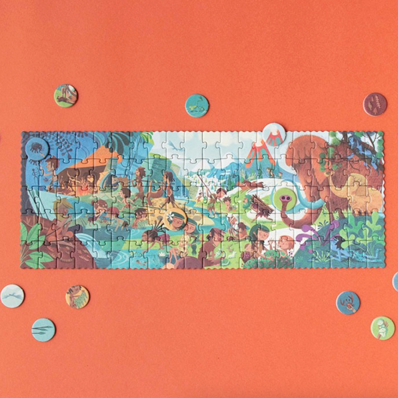 Jigsaw puzzle with a colorful scene of animals and landscapes on an orange background.