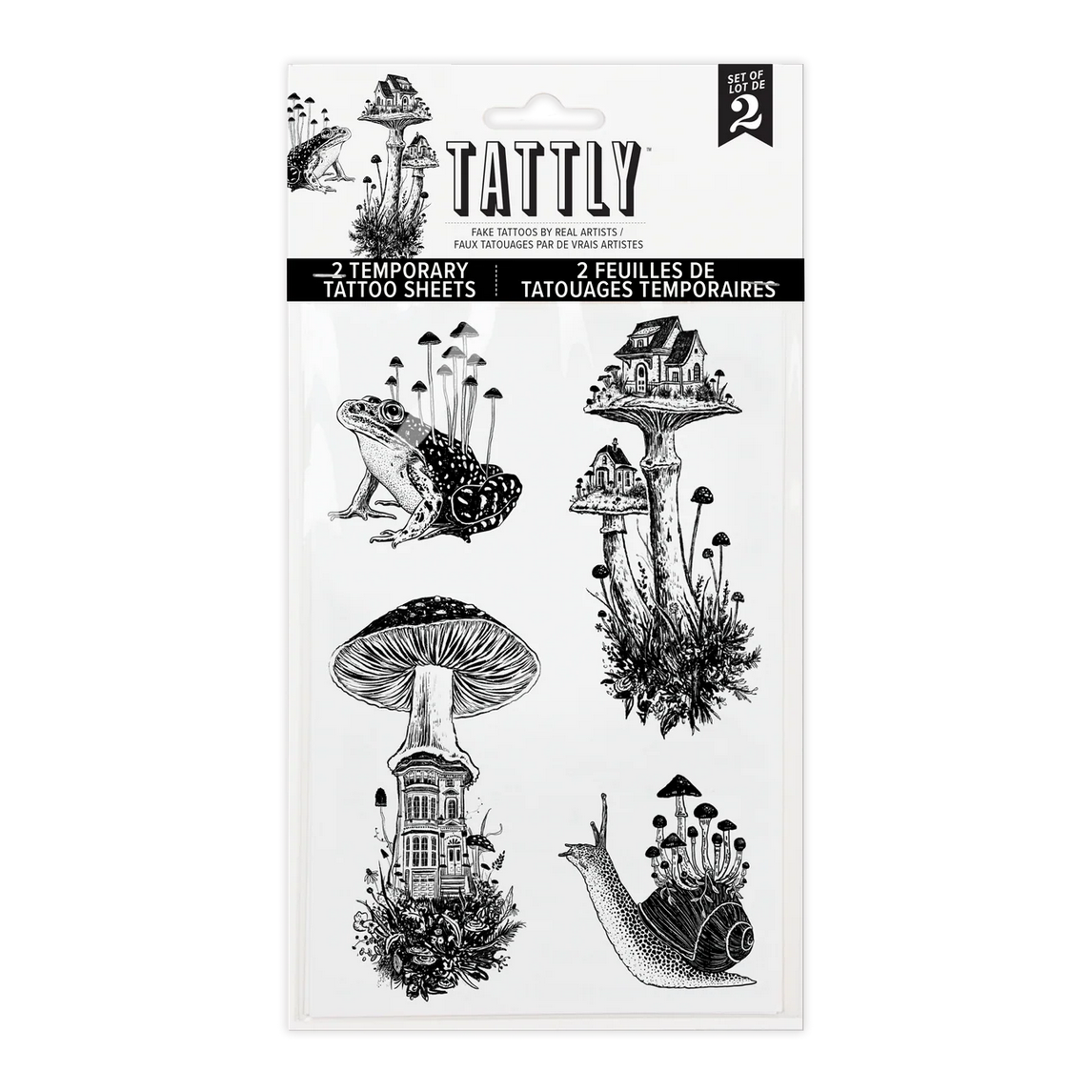 Tattly temporary tattoo packaging with black and white designs on a white background