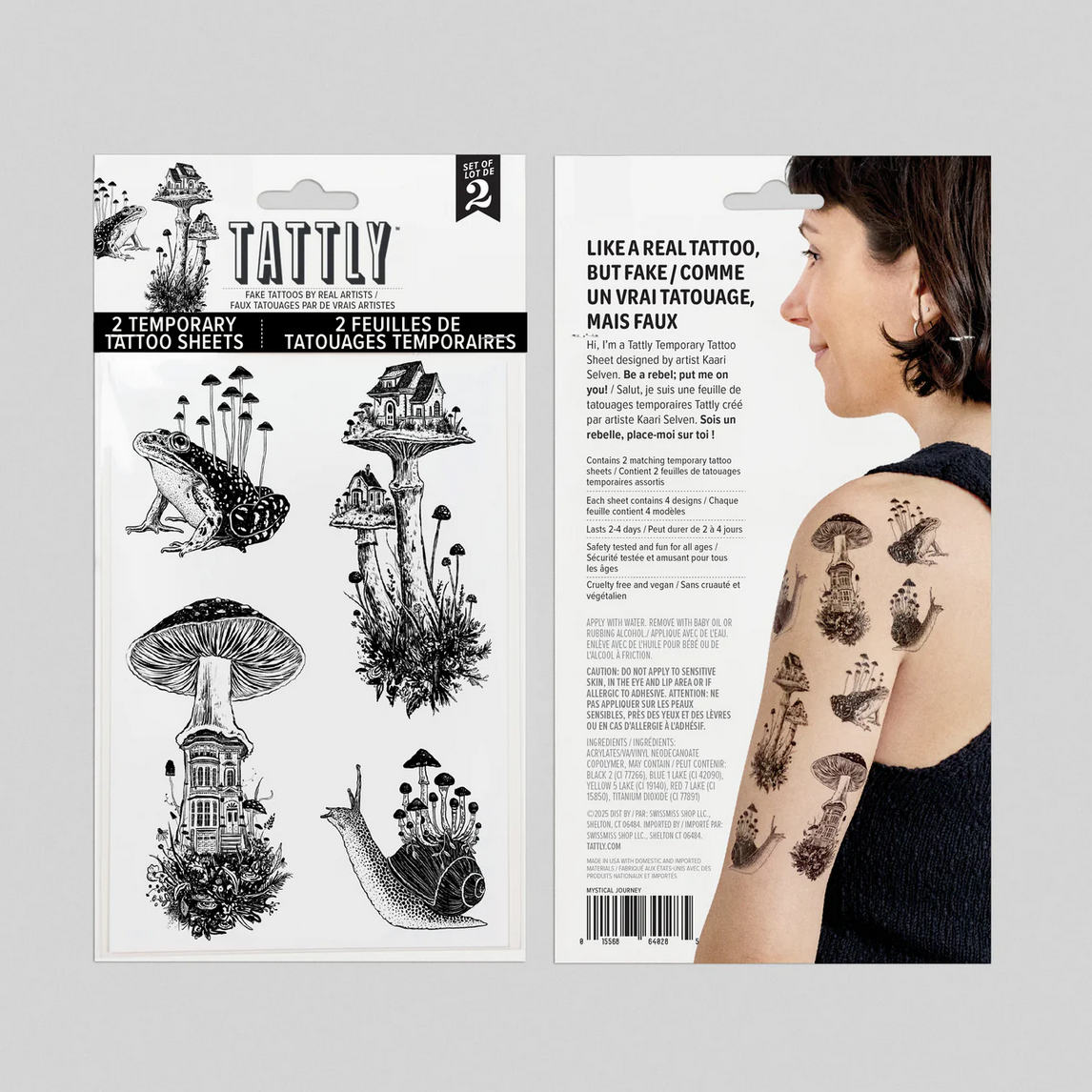 Tattly temporary tattoo sheets packaging with mushroom and snail designs, and a person wearing tattoos.