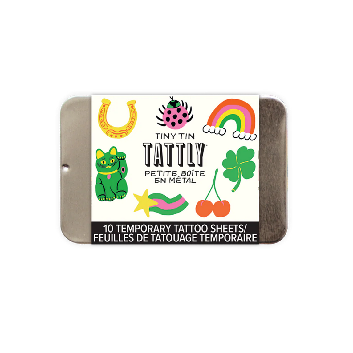 Tattly temporary tattoo set in a metal tin with colorful designs on a white background