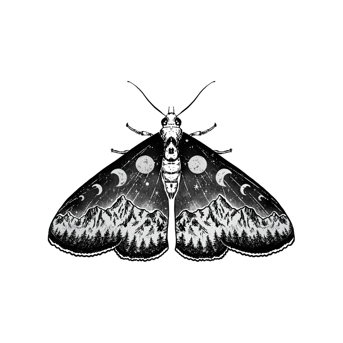Black and white illustration of a moth with mountain and celestial designs on wings