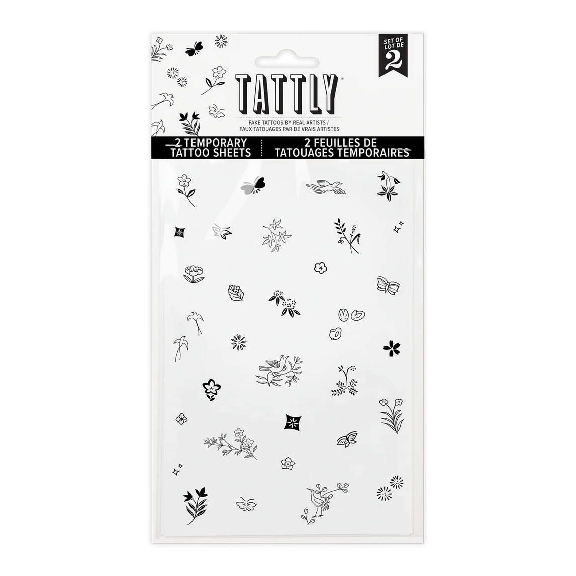 Tattly temporary tattoo sheets packaging with black designs on a white background
