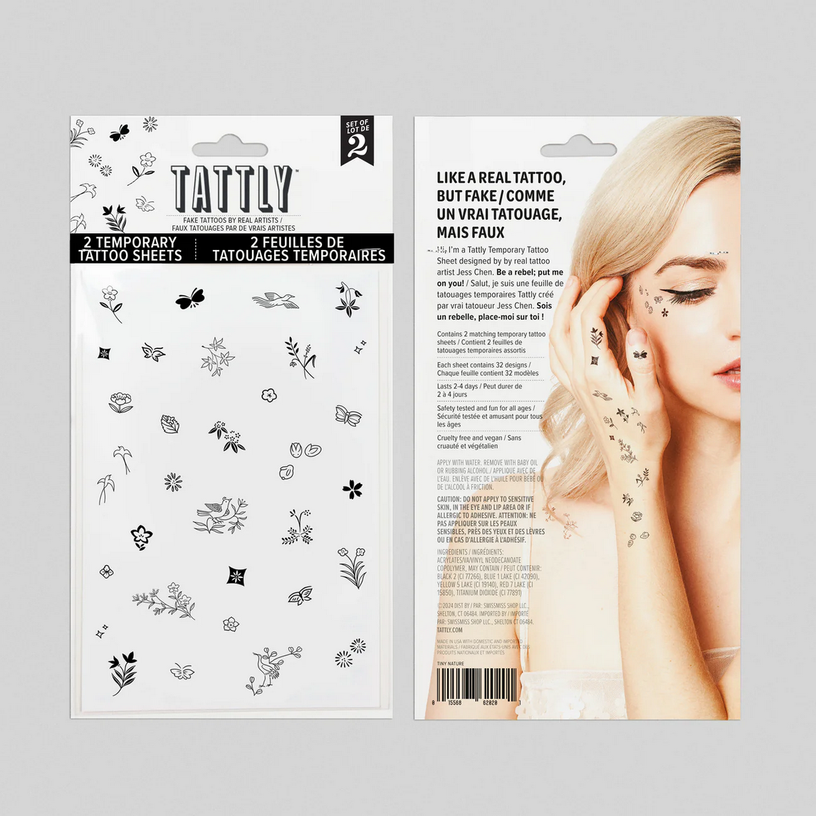 Tattly temporary tattoo packaging with a model wearing tattoos on a gray background