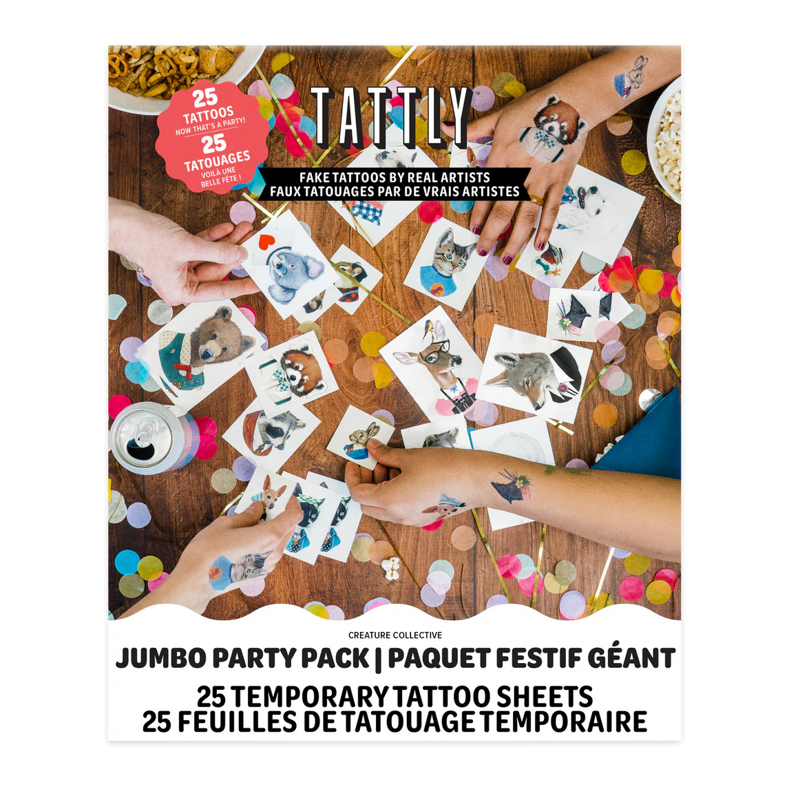 Tatty temporary tattoo set with people applying tattoos on a wooden table.