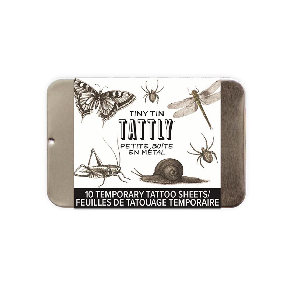 Tattly temporary tattoo tin with illustrations of insects on a white background