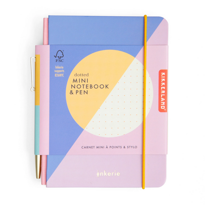 Kikkerland mini notebook and pen set with geometric design on a white background