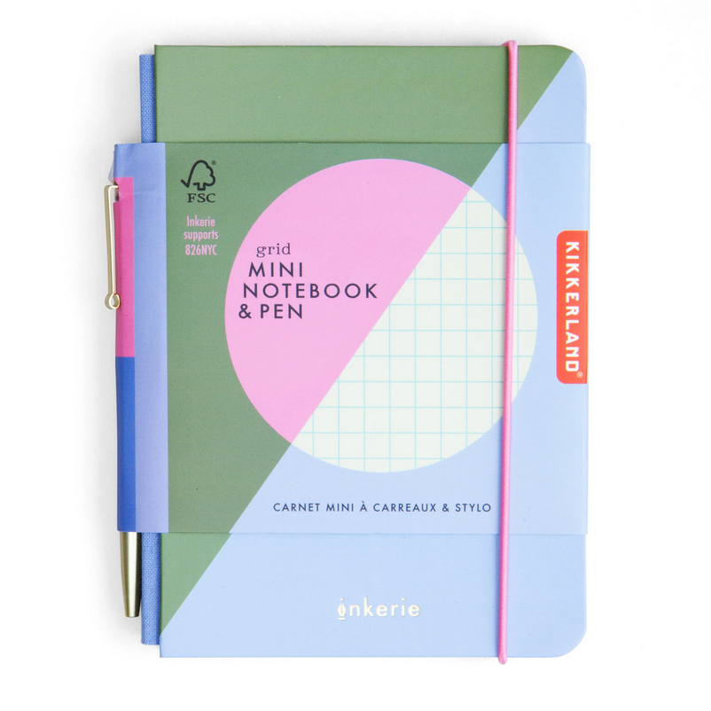 Grid mini notebook and pen set with geometric design on a white background