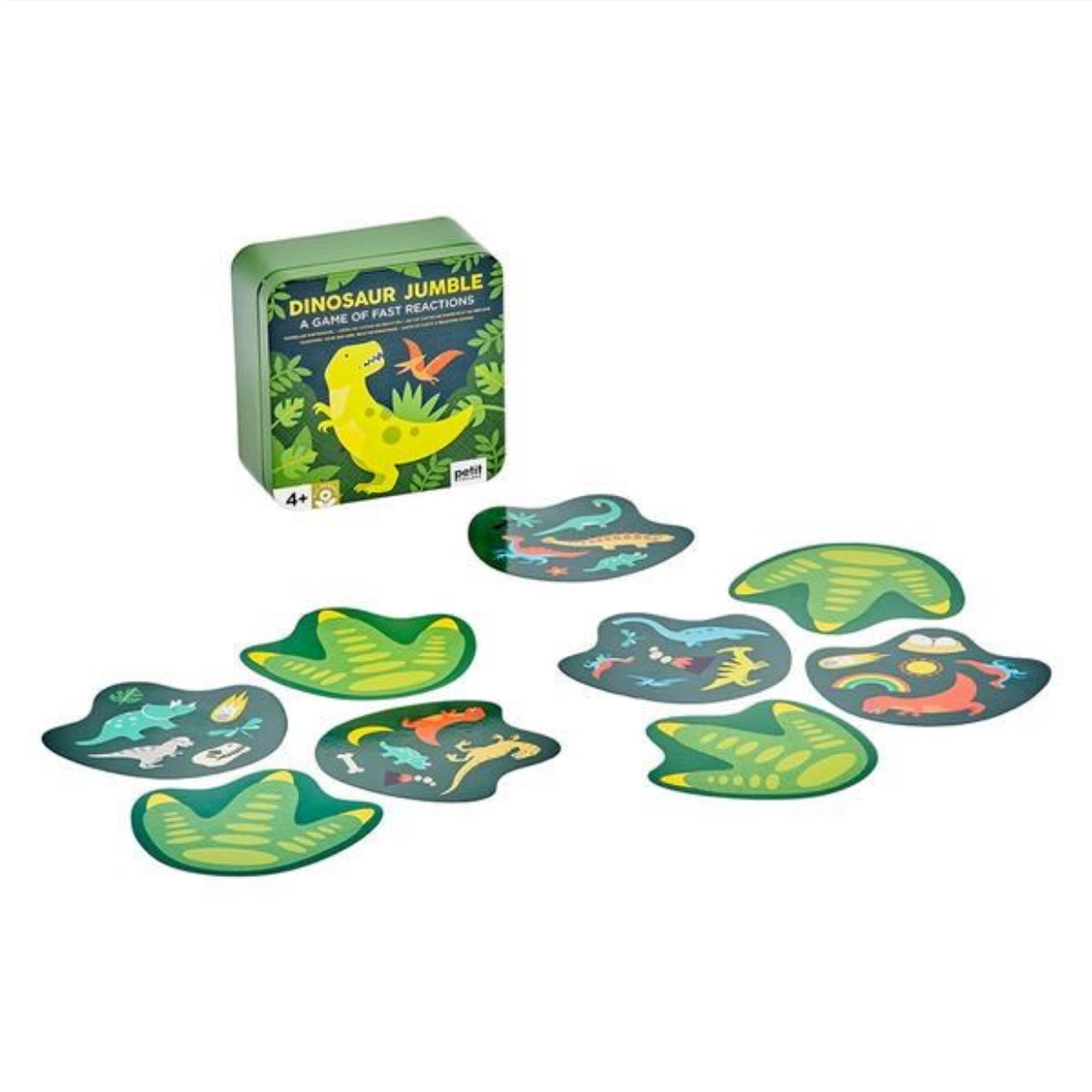 Dinosaur-themed game set with cards and a box on a white background