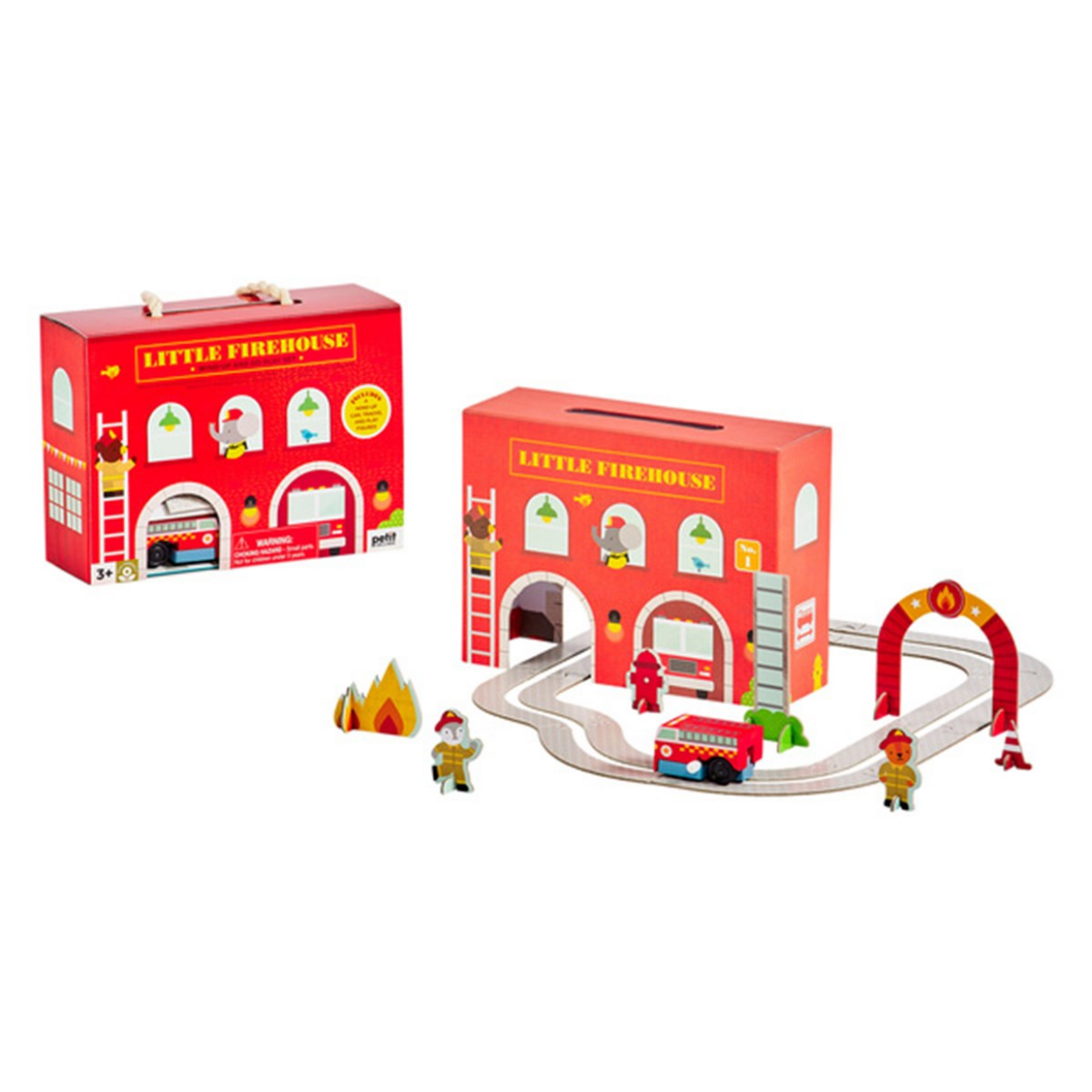 Toy fire station set with track and figures on a white background