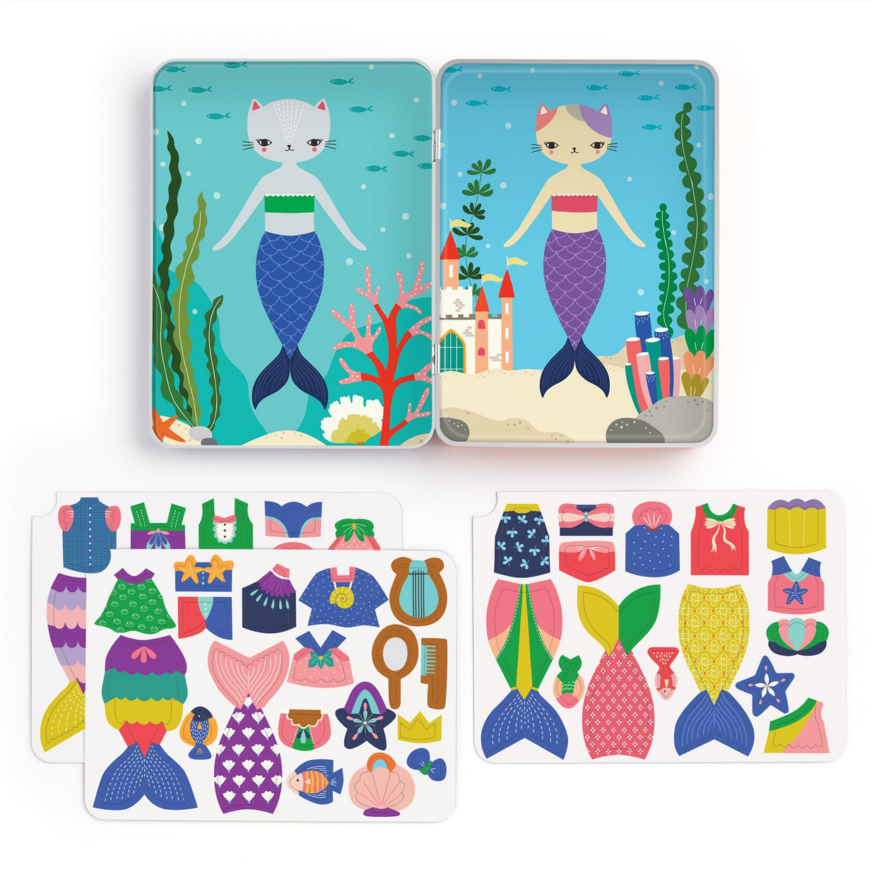 Set of mermaid-themed cards and magnets with colorful designs on a white background