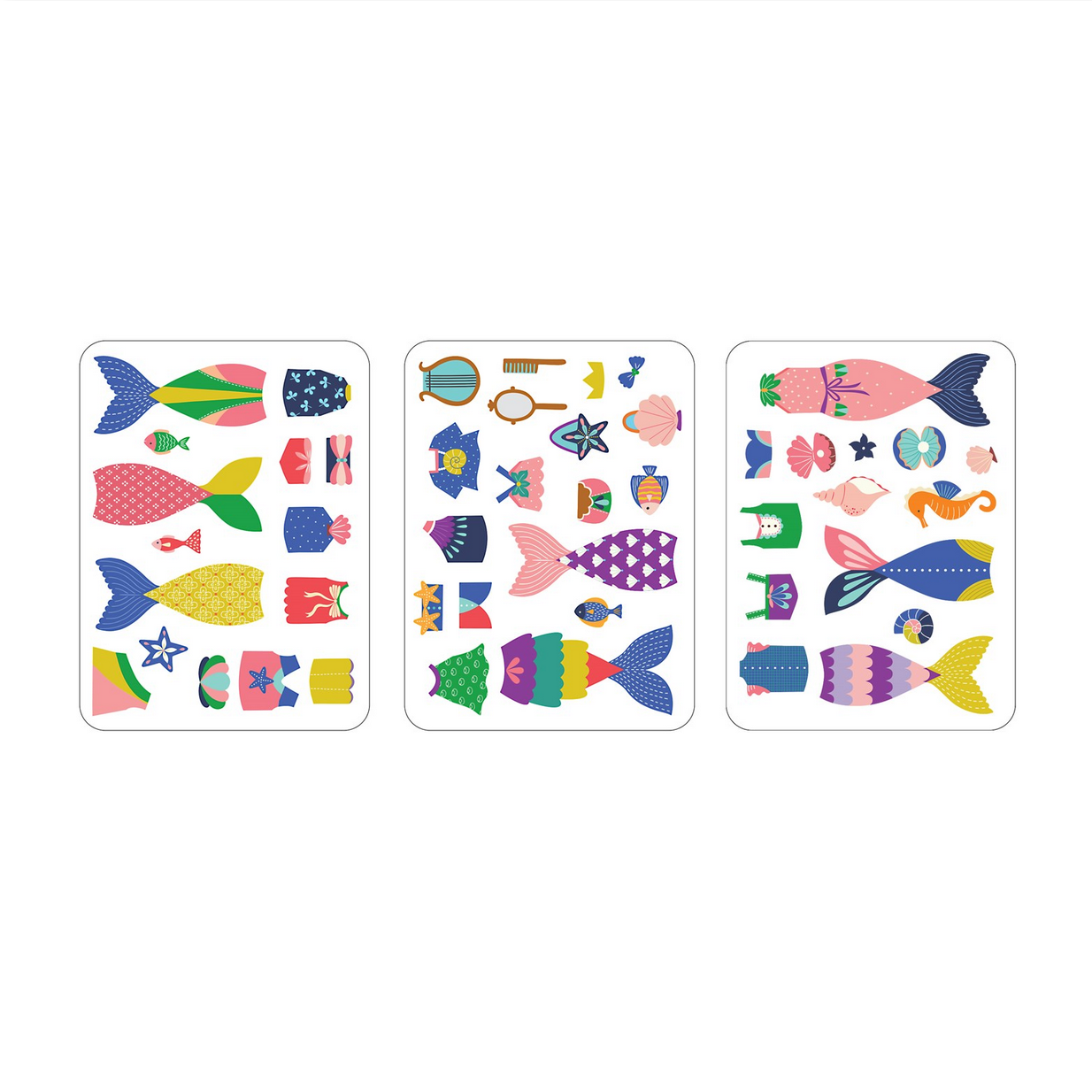 Three cards with colorful fish illustrations on a white background