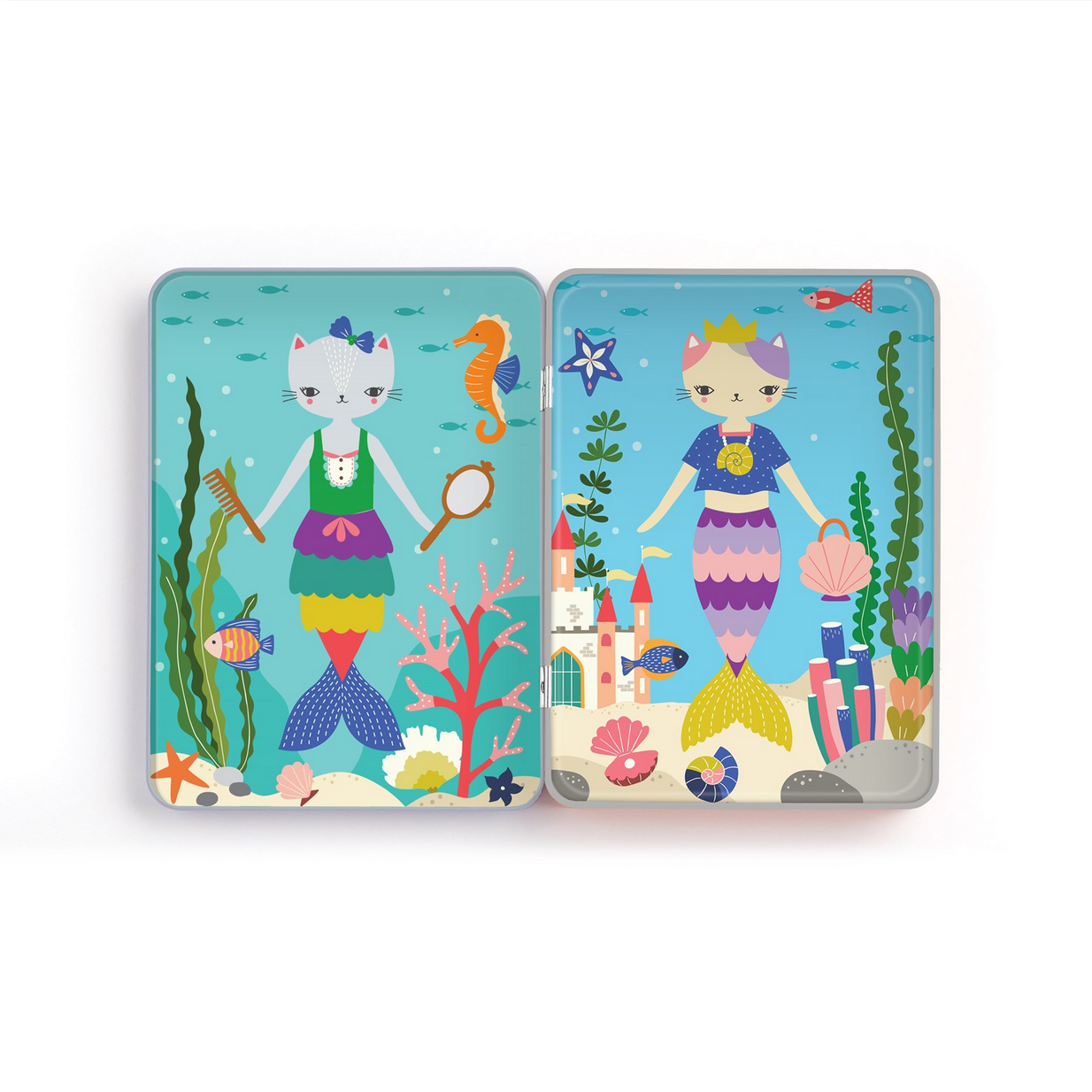 Colorful tin with mermaid illustrations on a white background