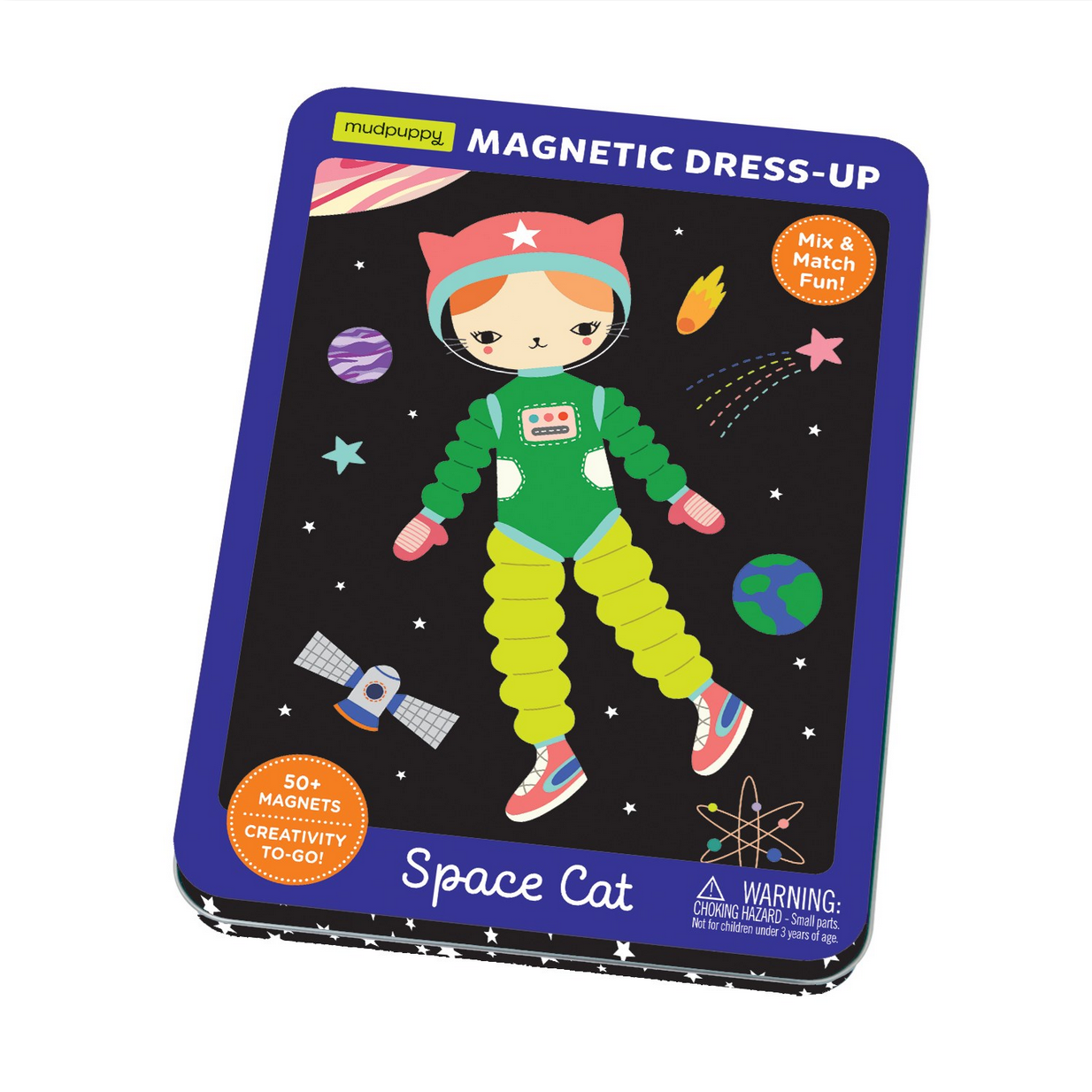 Magnetic dress-up toy packaging with space-themed design on a white background