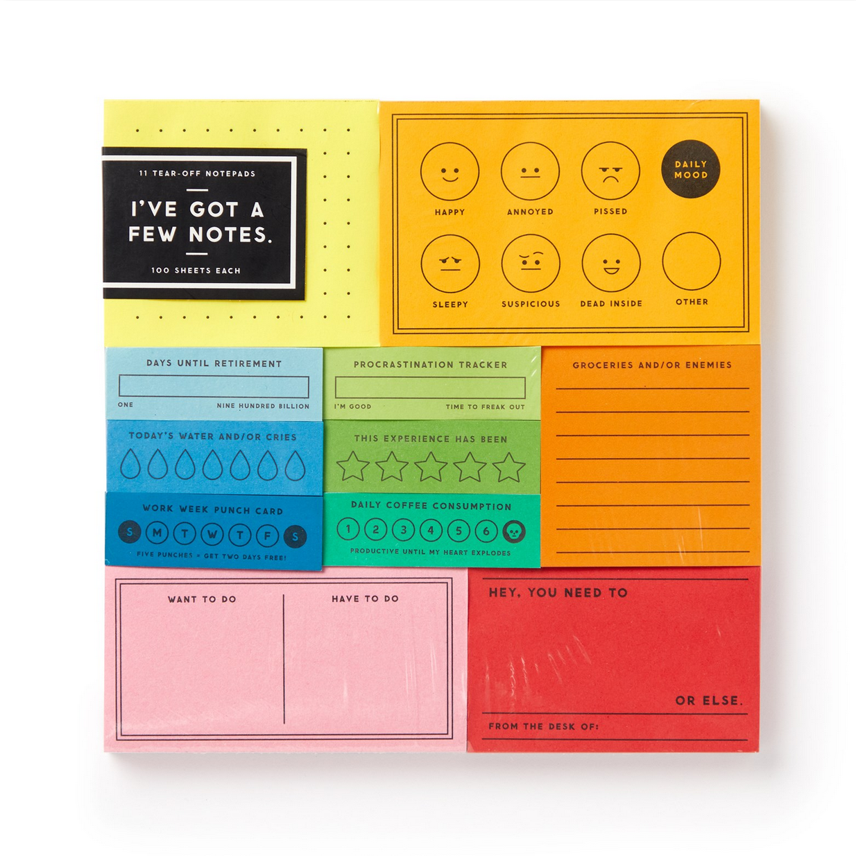Colorful notepad with various sections and text on a white background