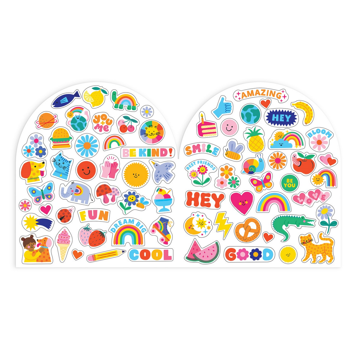 Colorful sticker sheet with various designs on a white background