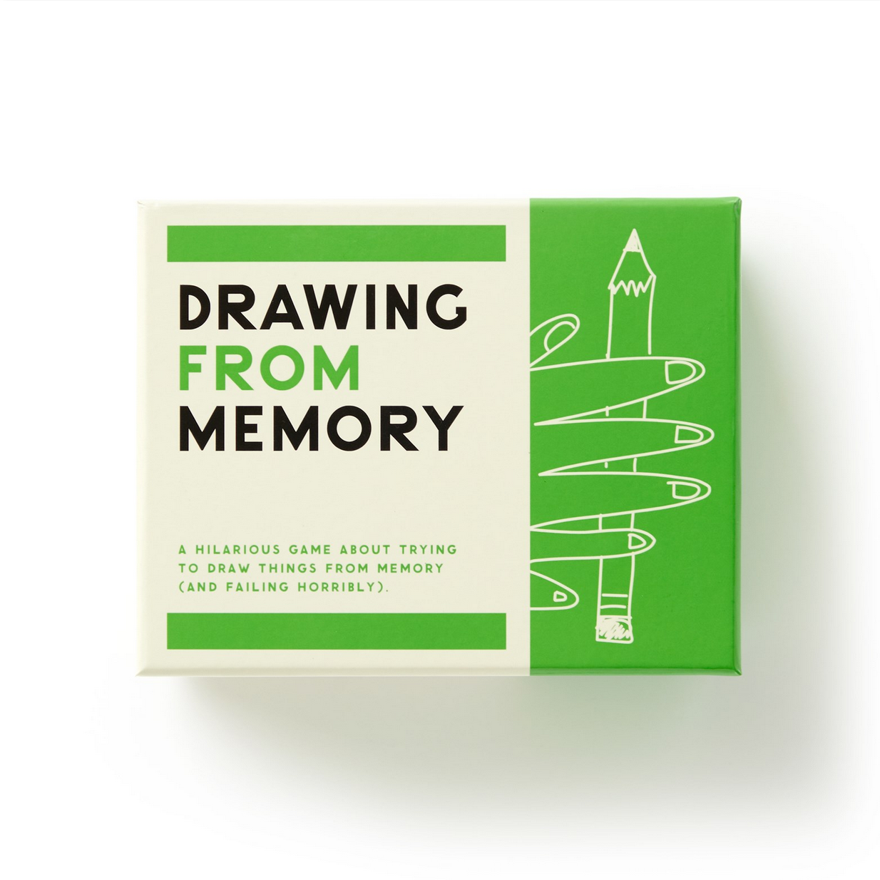 Box of 'Drawing from Memory' game with green and white design on a white background