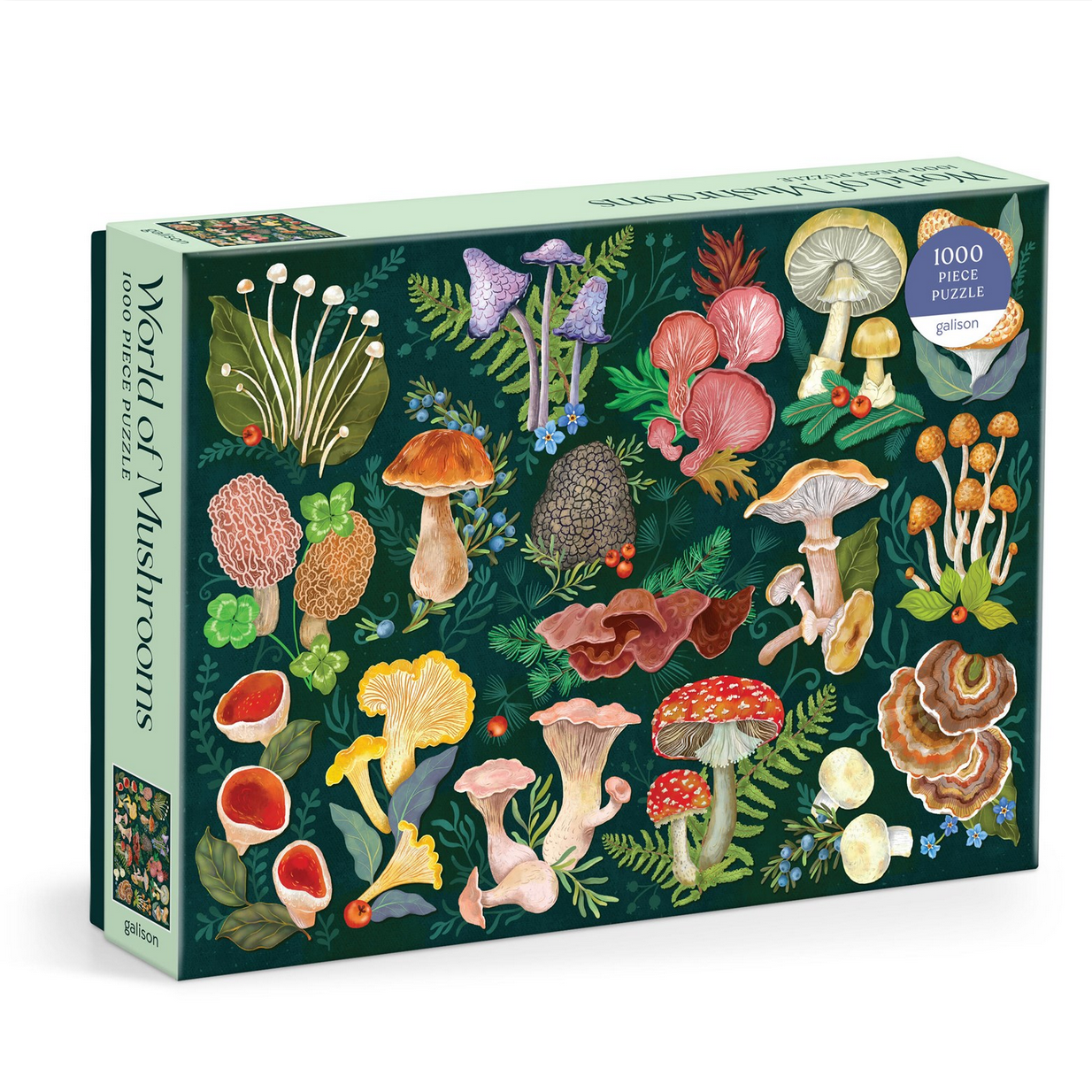 Jigsaw puzzle box featuring illustrations of mushrooms and plants on a green background