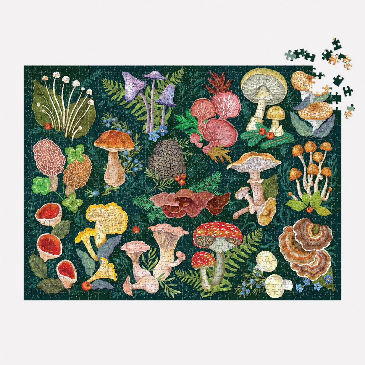 Jigsaw puzzle with colorful mushroom design on a dark green background