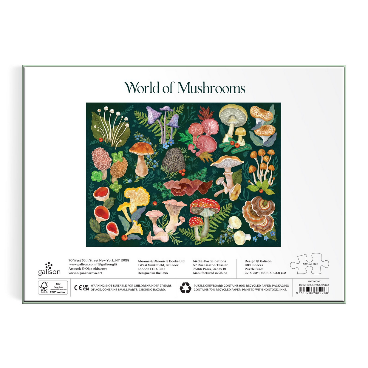 Puzzle box titled 'World of Mushrooms' with illustrations of various mushrooms on a white background.