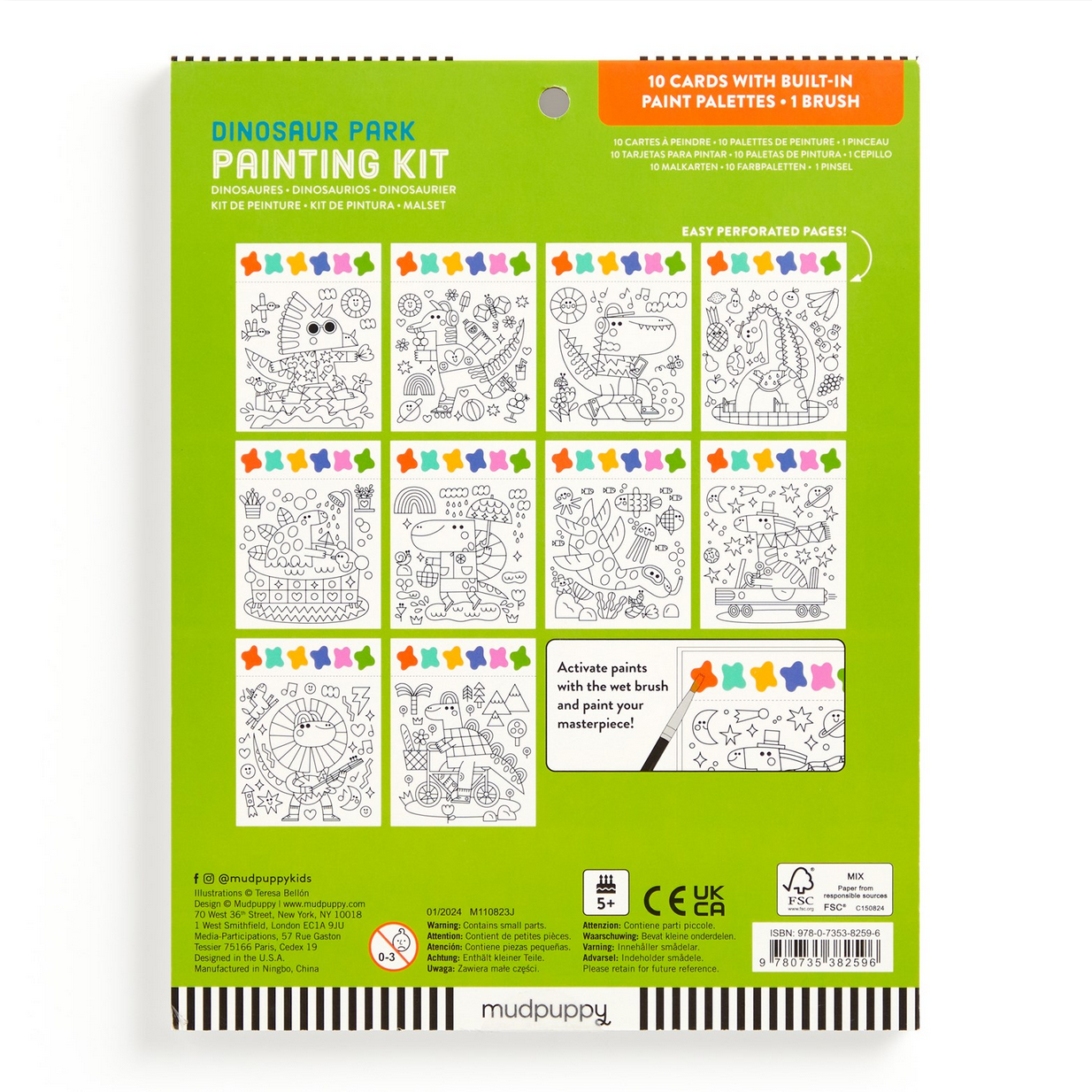 Dinosaur-themed painting kit packaging with illustrations on a green background