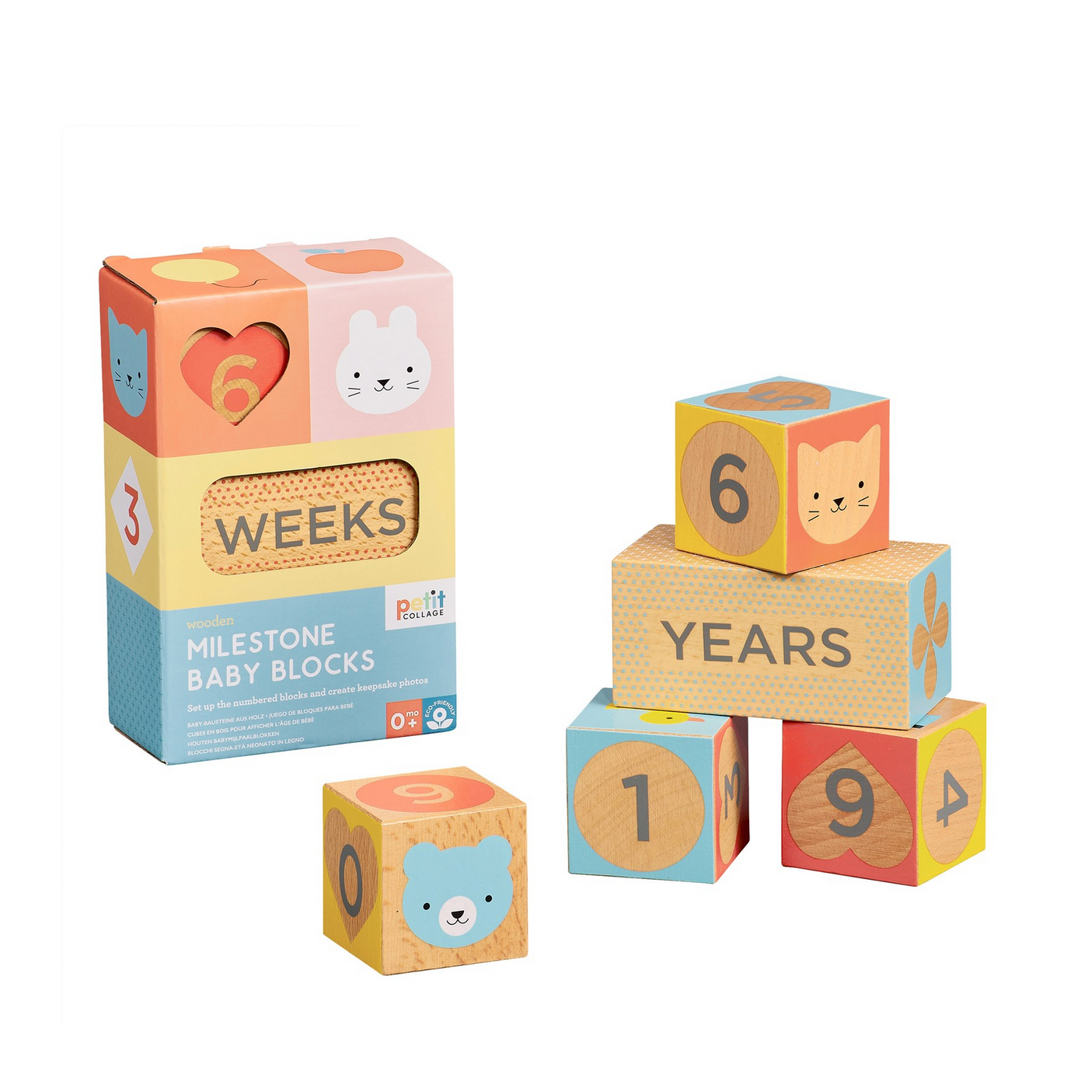 Set of colorful baby blocks with milestone numbers and animal faces on a white background.