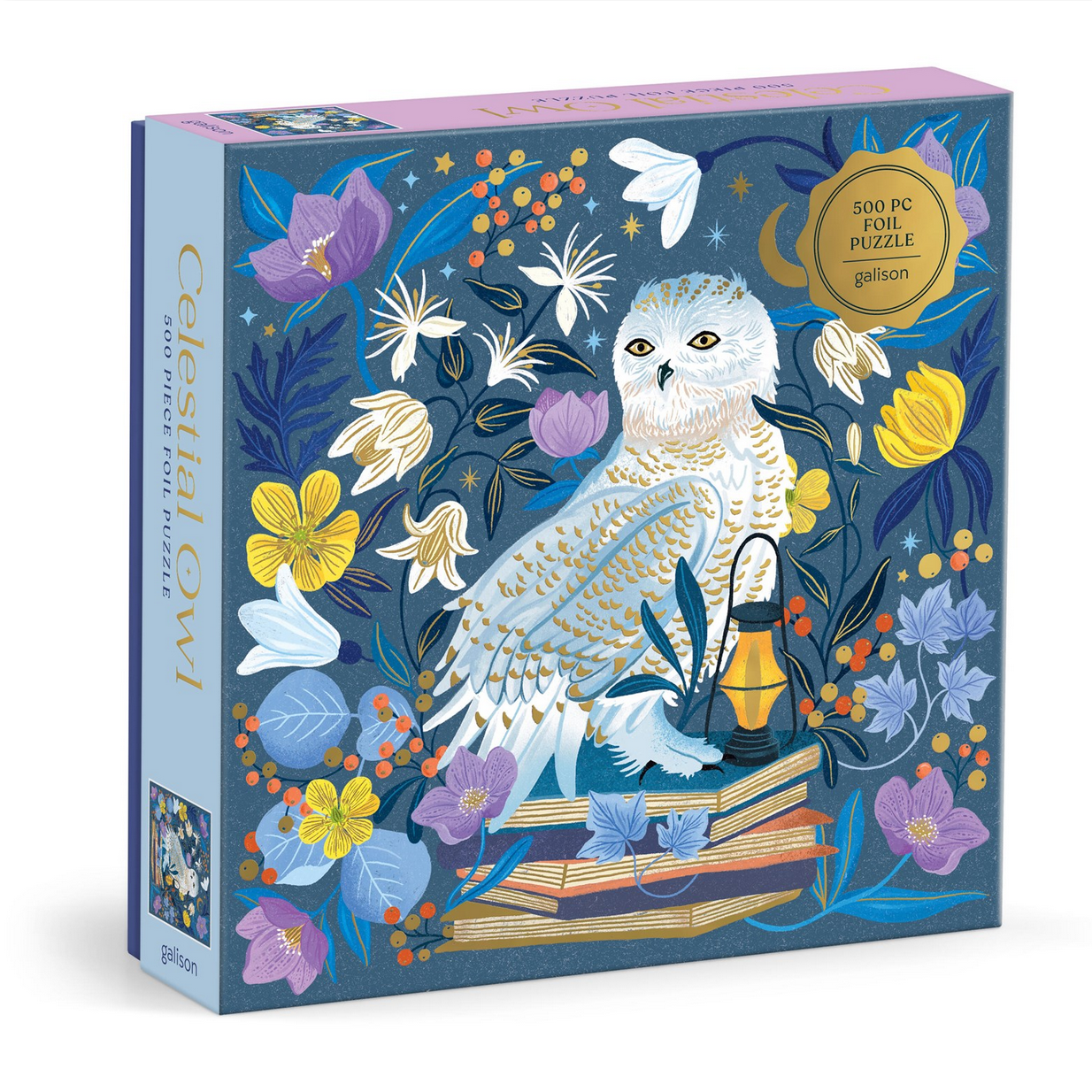 Jigsaw puzzle box featuring an owl and floral design on a blue background