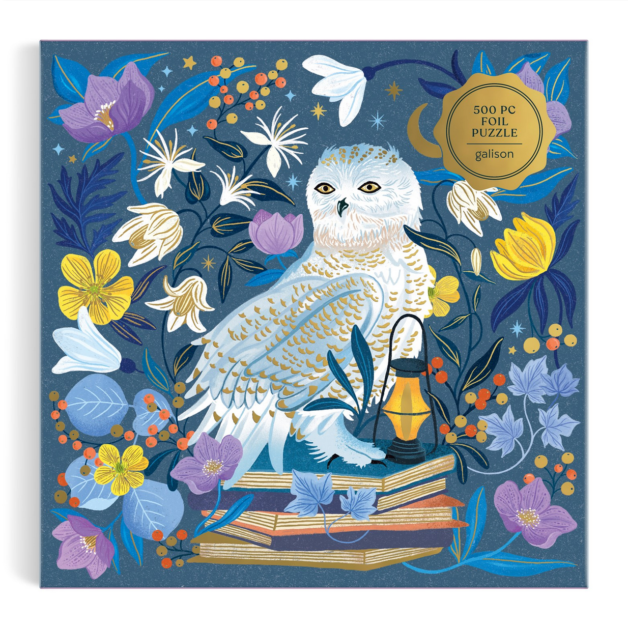 Puzzle box with an owl and floral design on a blue background