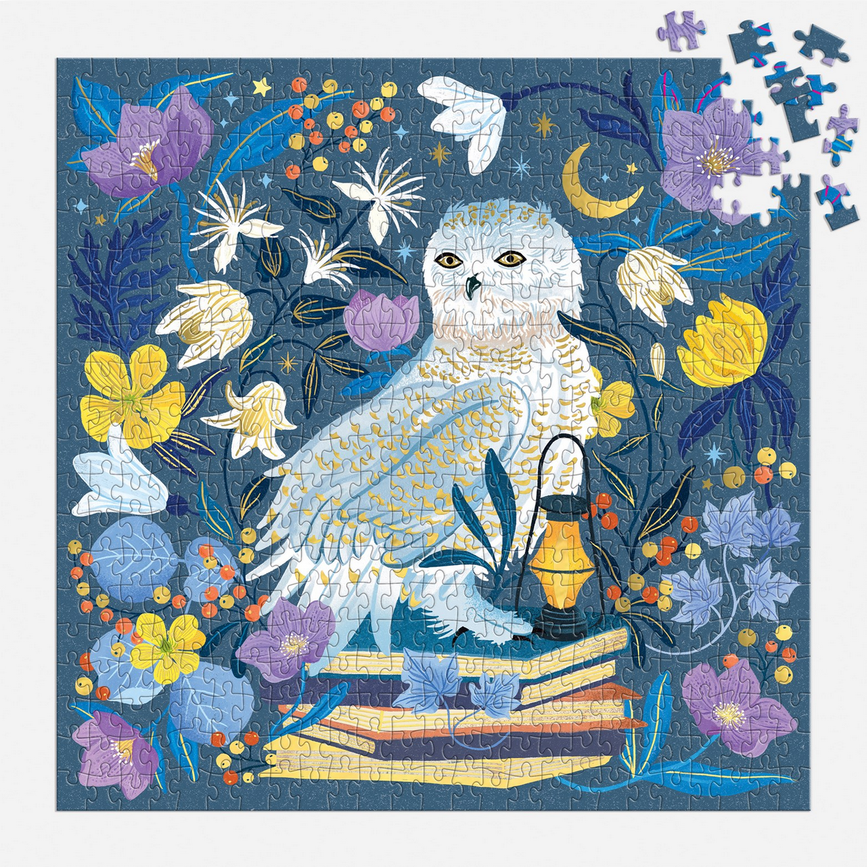 Jigsaw puzzle with an owl and floral design on a blue background