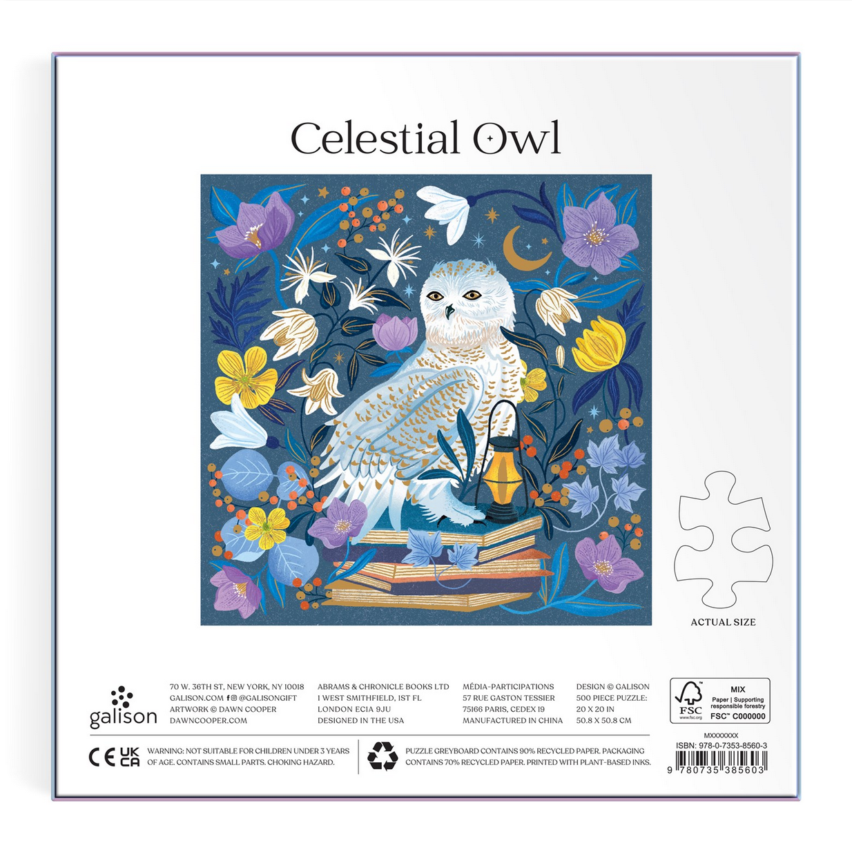 Jigsaw puzzle packaging with an owl and floral design, brand 'galison' visible