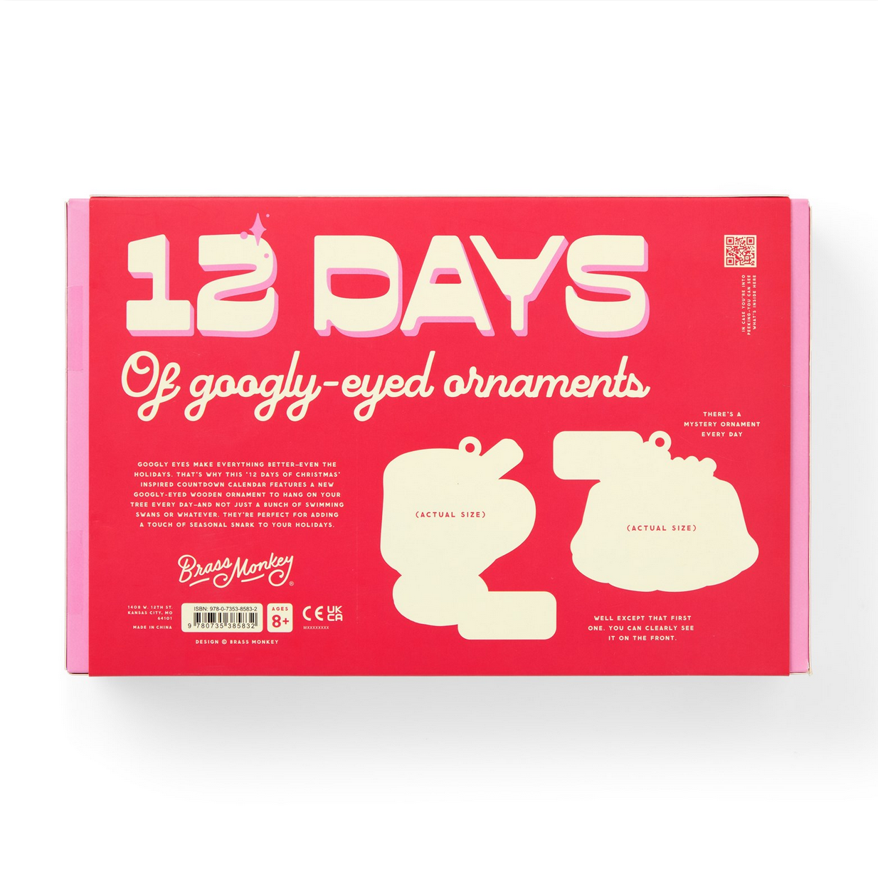 Box of '12 Days of Googly-Eyed Ornaments' with pink and white design on a white background