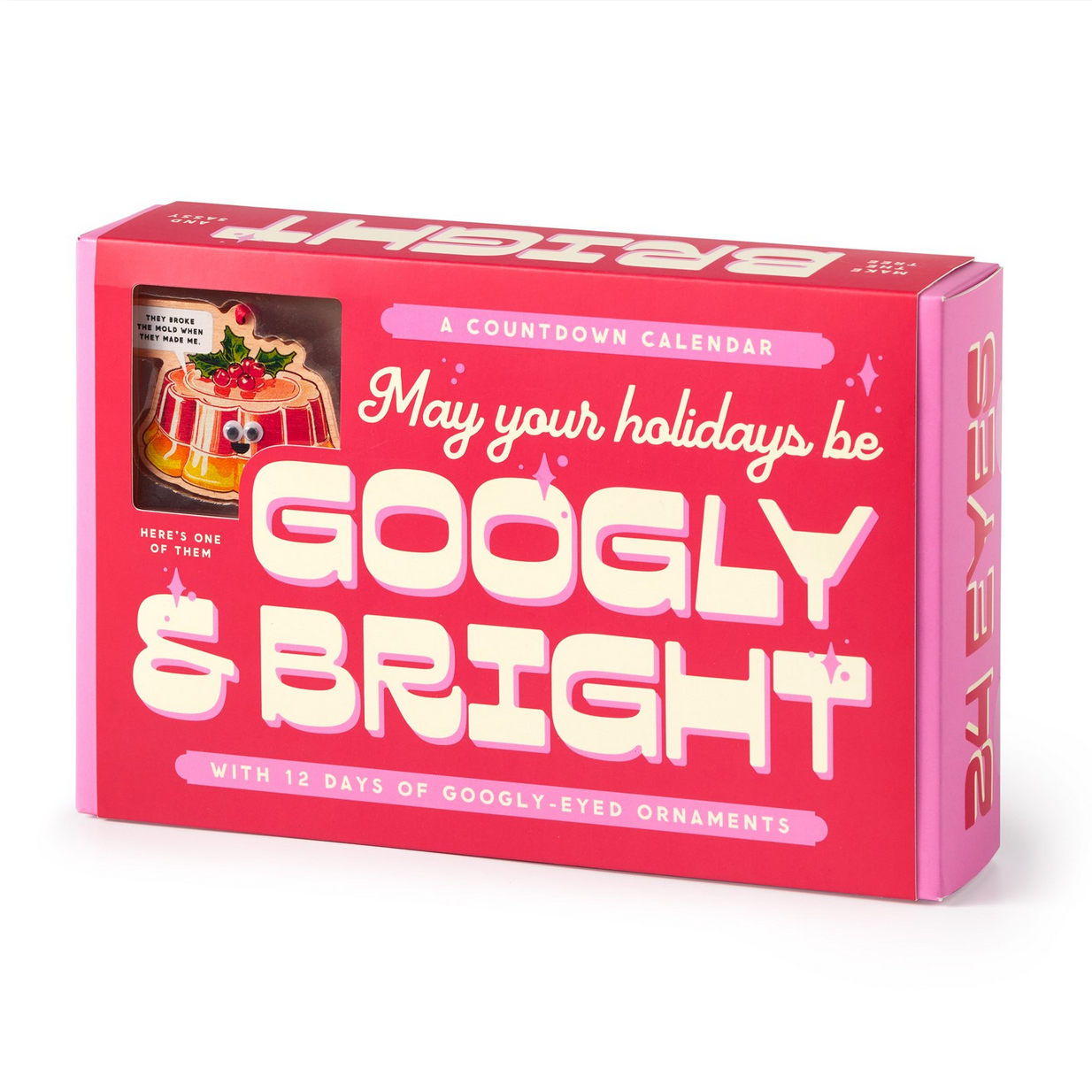 Pink packaging of a countdown calendar with festive text and illustration on a white background