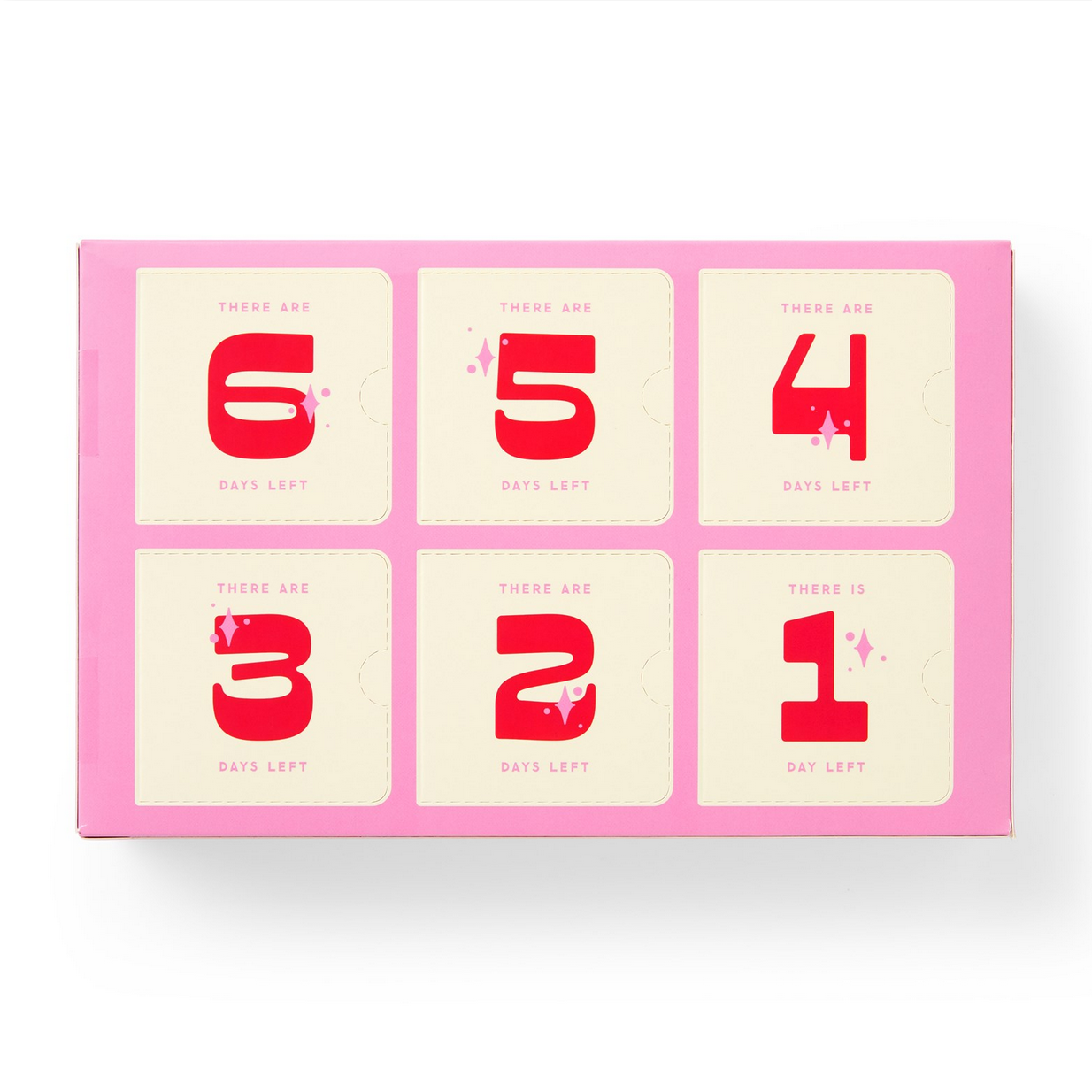 Pink advent calendar with red numbers counting down to Christmas on a white background