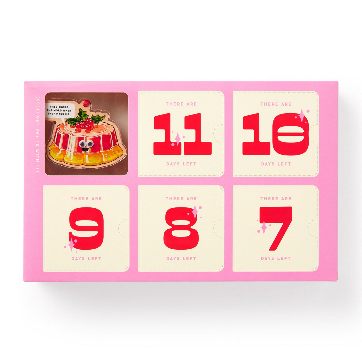 Pink advent calendar with countdown numbers on a white background